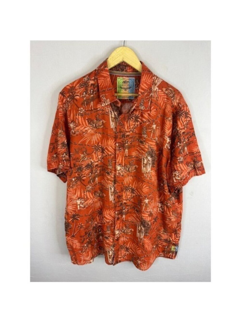 Margaritaville BBQ Shirt Mens XL Orange 100% Linen Tropical Hula Dancer Hawaiian